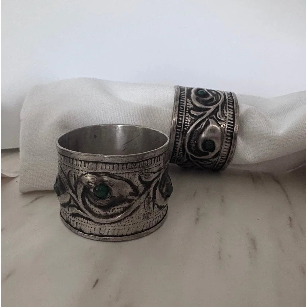 Vintage Mixed‎ Silver Metal Napkin Rings Set of 7 India Boho Floral Bird Ornate